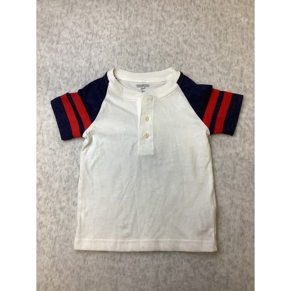 OshKosh Bgosh Kids 18M White Navy Red Raglan Stripe Henley Short Sleeve Shirt‎